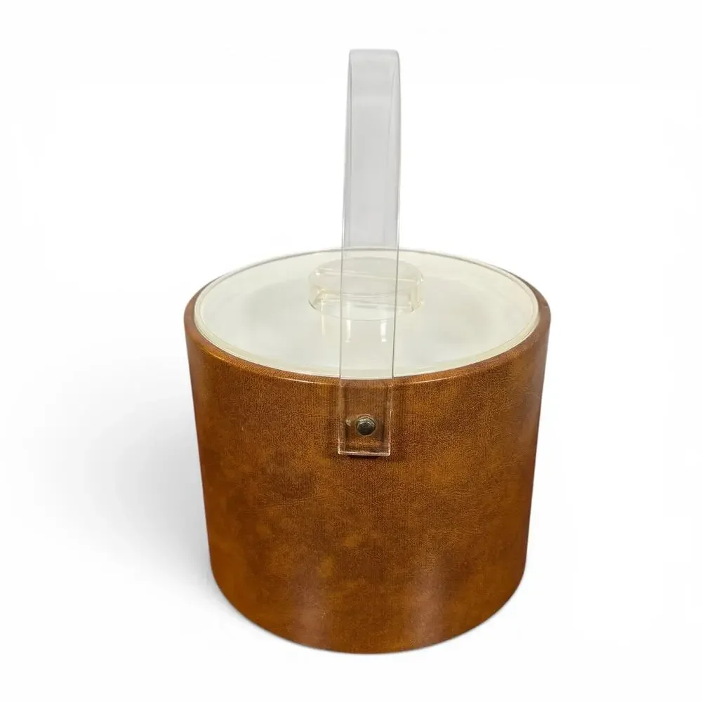 Georges Briard VTG Brown Faux Leather White Lined Ice Bucket Plastic Handle READ